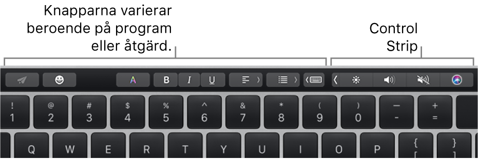 Touch Bar med knappar som varierar beroende på program eller åtgärd till vänster och hopfällda Control Strip till höger.