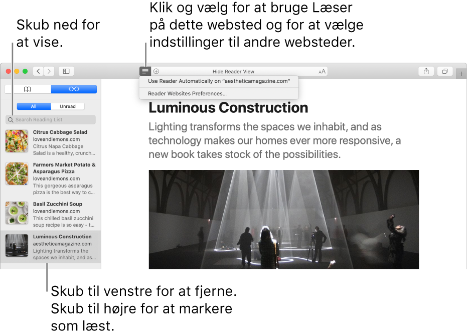 Et Safari-vindue med en læseliste.
