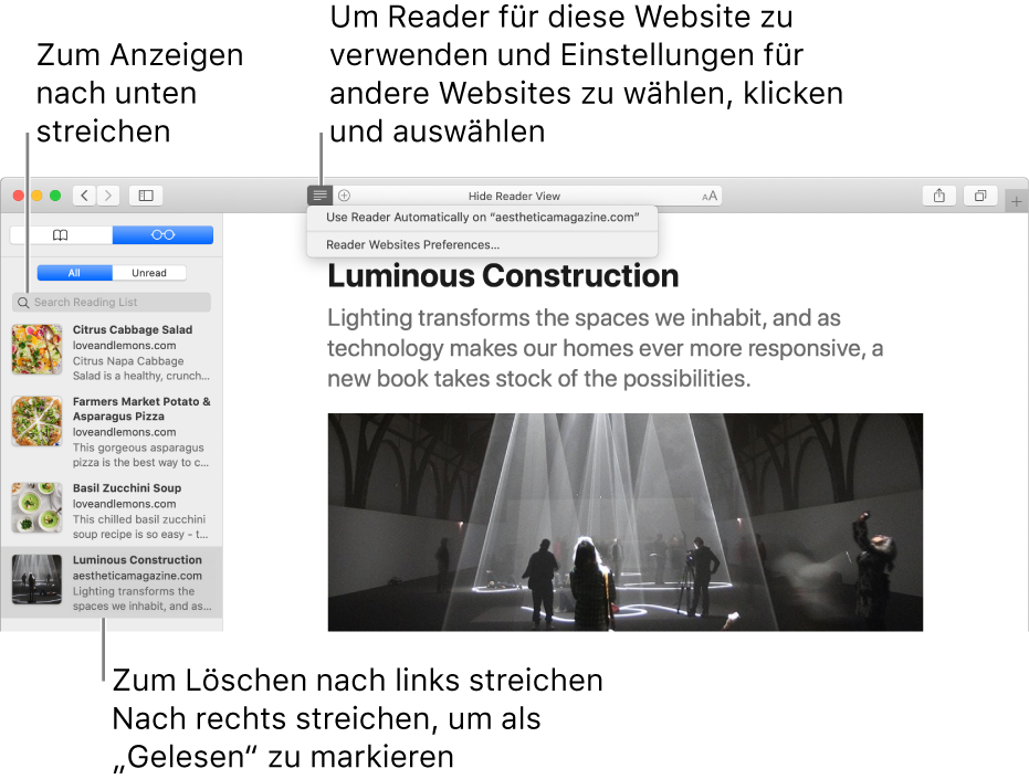 Safari-Fenster mit angezeigter Leseliste.