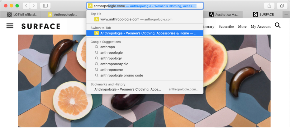 A Safari window with the first part of a website address entered in the Smart Search field. The same website appears in the results list under Switch to Tab, because it’s already open in another tab.
