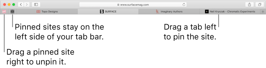 Pinned sites in the Safari tab bar.