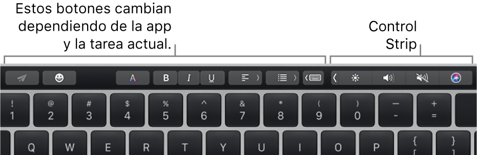 Touch Bar con botones en la izquierda que varían según la app o la tarea y, en la derecha, la Control Strip contraída.