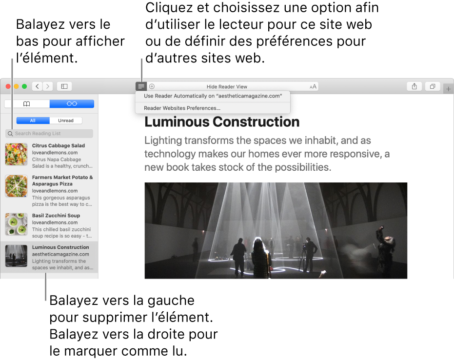 Une fenêtre Safari avec une liste de lecture.