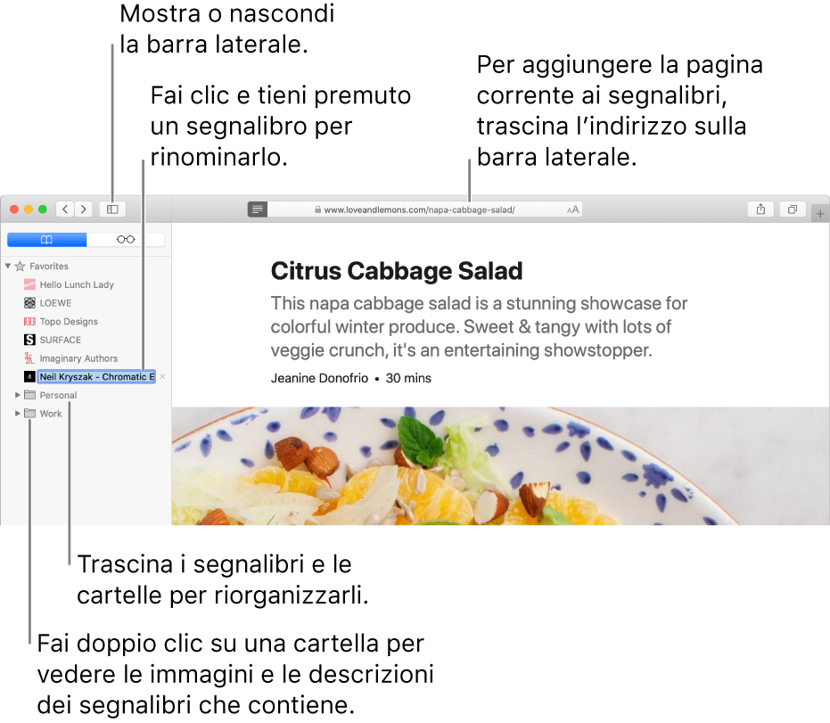 Una finestra di Safari che mostra i segnalibri nella barra laterale; un segnalibro è selezionato per la modifica.