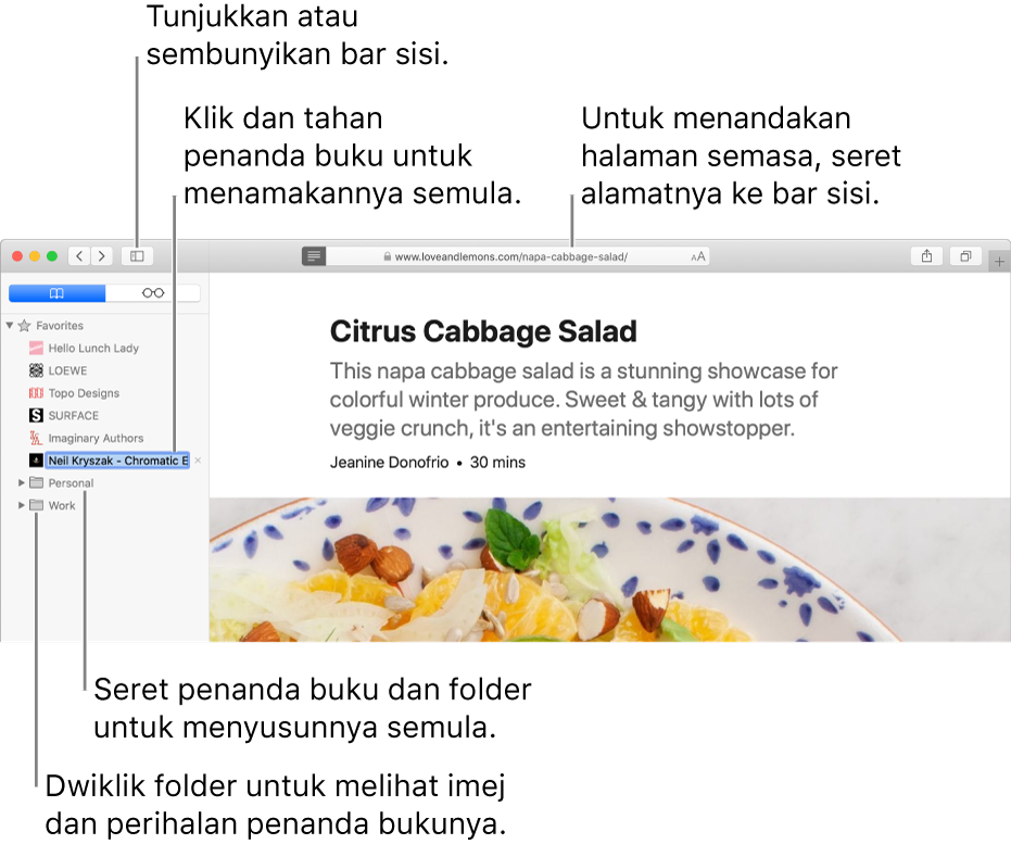 Tetingkap Safari menunjukkan penanda buku dalam bar sisi; satu penanda buku dipilih untuk pengeditan.