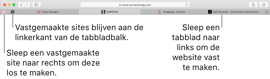 Vastgemaakte websites in de tabbladbalk van Safari.
