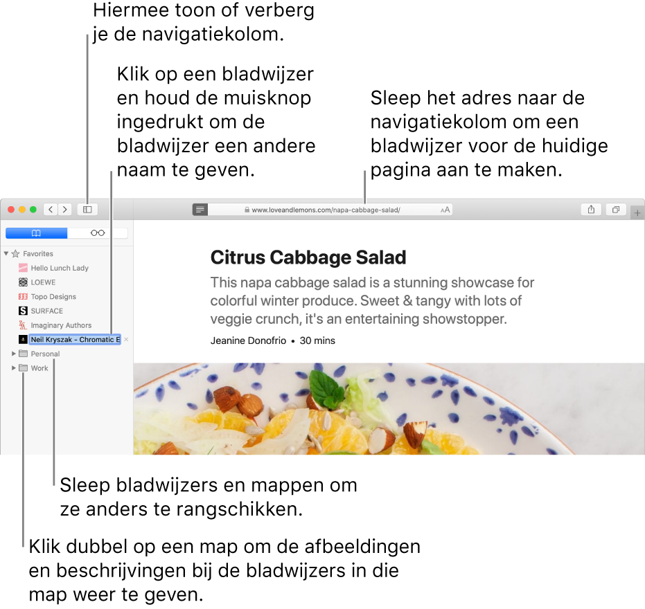 Een Safari-venster met bladwijzers in de navigatiekolom, waarvan één bladwijzer is geselecteerd om te worden gewijzigd.