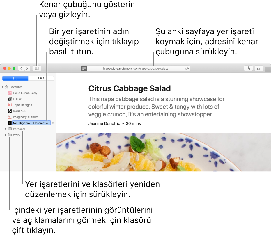 Kenar çubuğunda yer işaretlerini gösteren Safari penceresi; yer işaretlerinden biri düzenleme için seçilmiş.