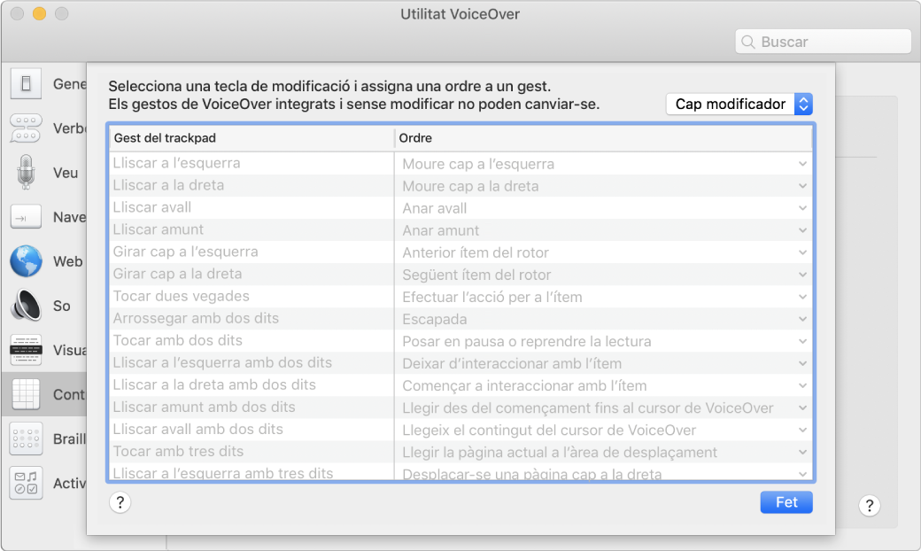 Llista de gestos de VoiceOver i les ordres corresponents al controlador del trackpad de la Utilitat VoiceOver.