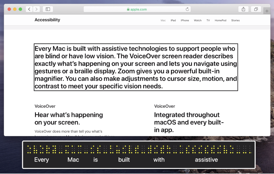 Braillský panel zobrazující obsah kurzoru VoiceOveru na webové stránce Braillský panel zobrazuje simulované žluté body Braillova písma; pod nimi se zobrazuje odpovídající text
