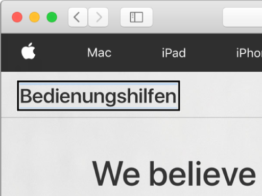 Der VoiceOver-Cursor, ein dunkler rechteckiger Rahmen, der auf dem Wort „Bedienungshilfen“ auf dem Bildschirm fokussiert ist.