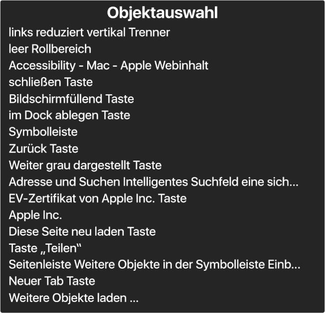 Die Objektauswahl ist ein Panel, in dem Elemente aufgelistet werden, etwa leerer Scrollbereich, Schließtaste, Symbolleiste, Taste „Teilen“ usw.