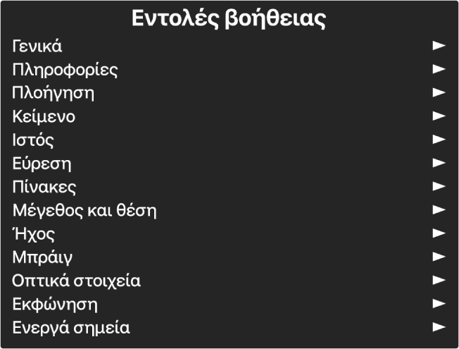 Το μενού «Εντολές βοήθειας» είναι ένα τμήμα που καταγράφει κατηγορίες εντολών, το οποίο ξεκινά με τα «Γενικά» και ολοκληρώνεται με τα «Ενεργά σημεία». Στα δεξιά κάθε στοιχείου της λίστας υπάρχει ένα βέλος για πρόσβαση στο υπομενού του στοιχείου.