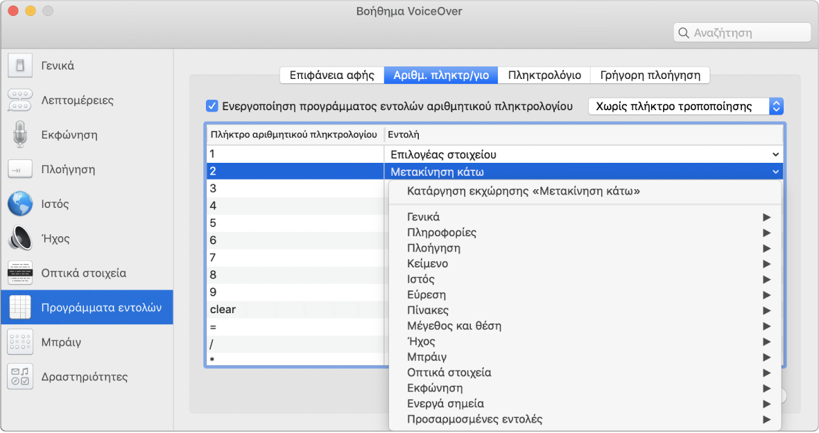 Το παράθυρο του Βοηθήματος VoiceOver όπου εμφανίζεται επιλεγμένη η κατηγορία «Προγράμματα εντολών» στην πλαϊνή στήλη και το τμήμα «Αριθμ. πληκτρ/γιο» επιλεγμένο στα δεξιά. Στο πάνω μέρος του τμήματος «Αριθμ. πληκτρ/γιο», είναι επιλεγμένο το πλαίσιο επιλογής «Ενεργοποίηση προγράμματος εντολών αριθμητικού πληκτρολογίου». Η επιλογή «Χωρίς τροποποίηση» είναι επιλεγμένη στο αναδυόμενο μενού «Τροποποιητής». Κάτω από το πλαίσιο επιλογής και το αναδυόμενο μενού βρίσκεται ένας πίνακας με δύο στήλες: Πλήκτρο αριθμητικού πληκτρολογίου και Εντολή. Η δεύτερη γραμμή είναι επιλεγμένη και περιέχει τον αριθμό 2 στη στήλη «Πλήκτρο αριθμητικού πληκτρολογίου» και τη «Μετακίνηση κάτω» στη στήλη «Εντολή». Ένα αναδυόμενο μενού κάτω από τη «Μετακίνηση κάτω» εμφανίζει κατηγορίες εντολών, όπως τα «Γενικά». Κάθε κατηγορία διαθέτει ένα βέλος για εμφάνιση εντολών που μπορούν να εκχωρηθούν στο τρέχον πλήκτρο αριθμητικού πληκτρολογίου.