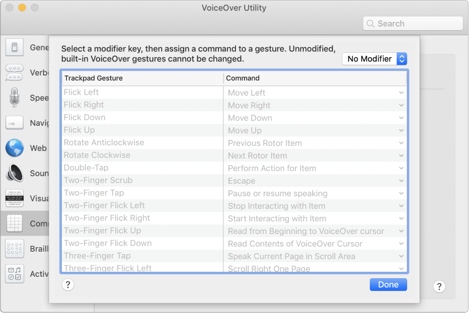 A list of VoiceOver gestures and corresponding commands shown in the Trackpad Commander in VoiceOver Utility.