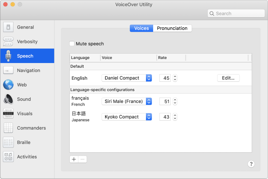 The VoiceOver Utility Voices pane showing voice settings for English, French and Japanese languages.