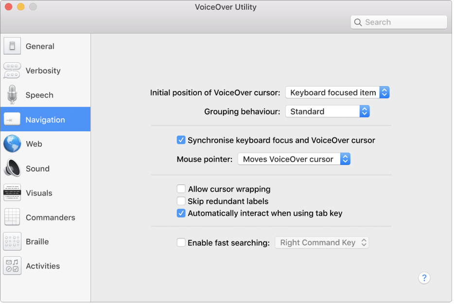 The VoiceOver Utility window showing the Navigation category selected in the sidebar on the left and its options on the right. In the bottom right corner of the window is a Help button to display VoiceOver online help about the options.
