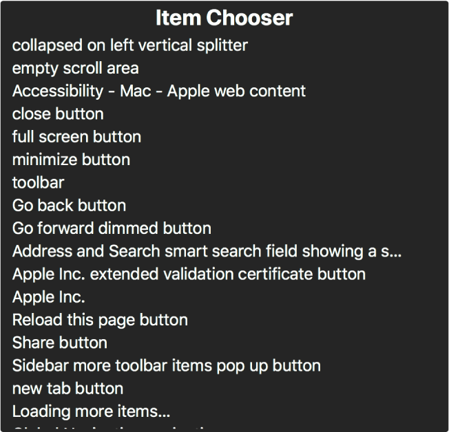 The Item Chooser is a panel that lists items such as empty scroll area, close button, toolbar, and Share button, among others.