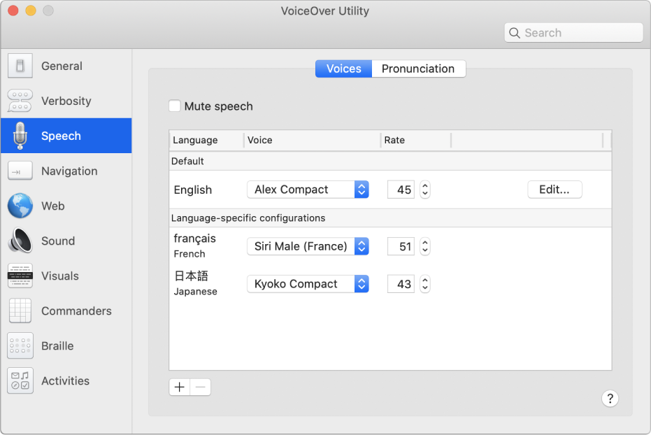 The VoiceOver Utility Voices pane showing voice settings for English, French, and Japanese languages.