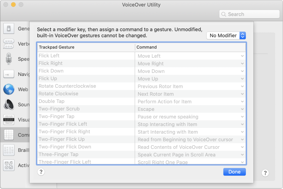 Una lista de los gestos y los comandos correspondientes de VoiceOver en comandos del trackpad de Utilidad VoiceOver.