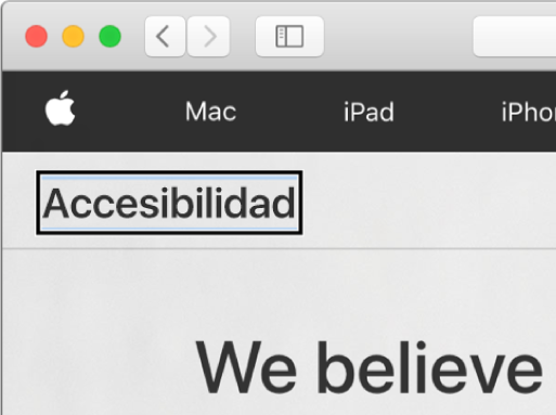 El cursor de VoiceOver, un contorno rectangular obscuro, enfocado en la palabra "Accesibilidad" en la pantalla.