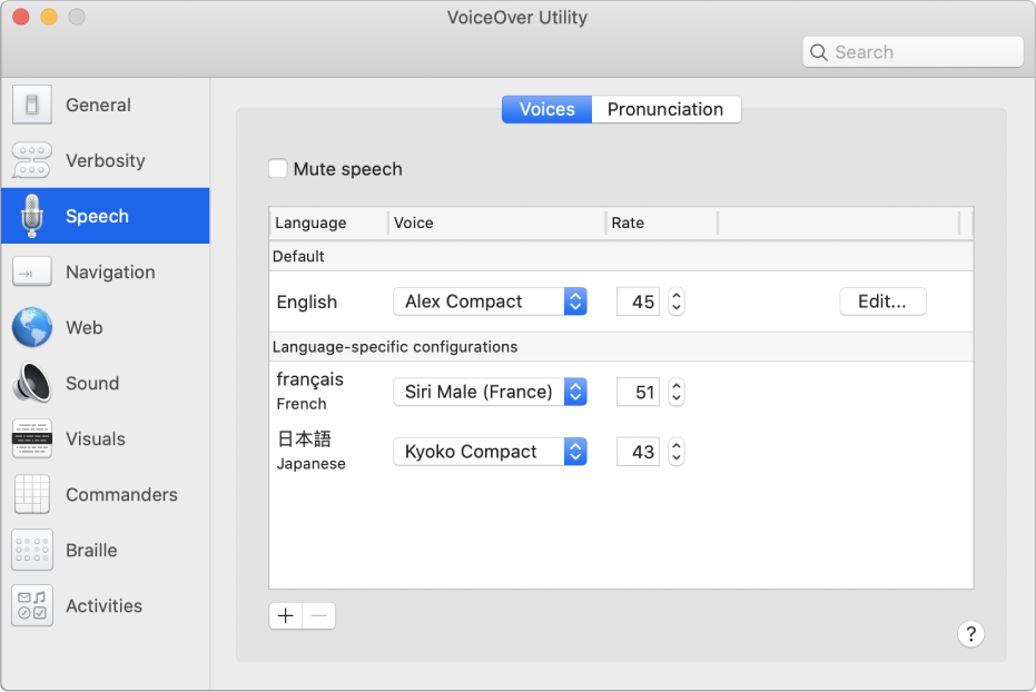 Panel Voces de Utilidad VoiceOver mostrando la configuración de las voces para los idiomas inglés, francés y japonés.