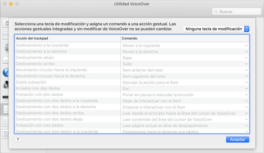 Se muestra una lista de los gestos de VoiceOver y comandos correspondientes en los comandos del trackpad de Utilidad VoiceOver.
