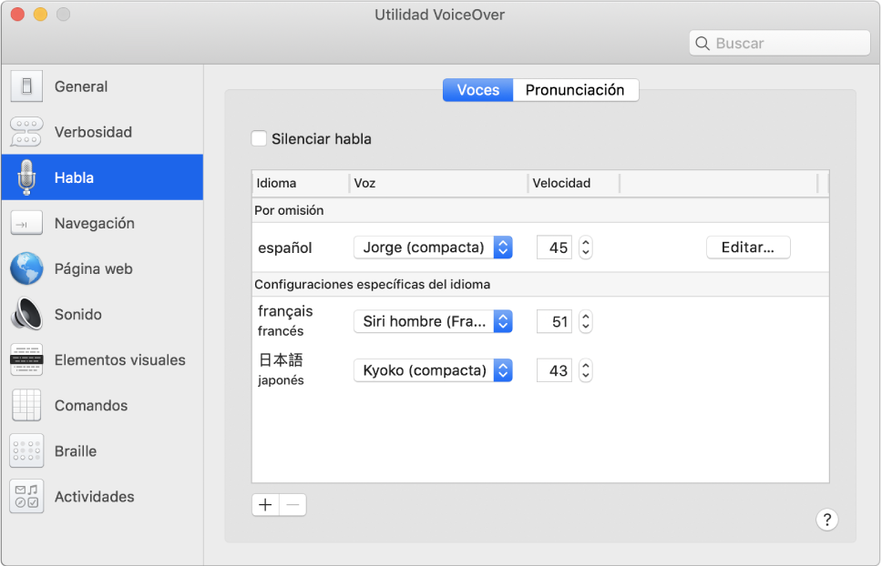 El panel Voces de Utilidad VoiceOver con ajustes de voces para los idiomas inglés, francés y japonés.