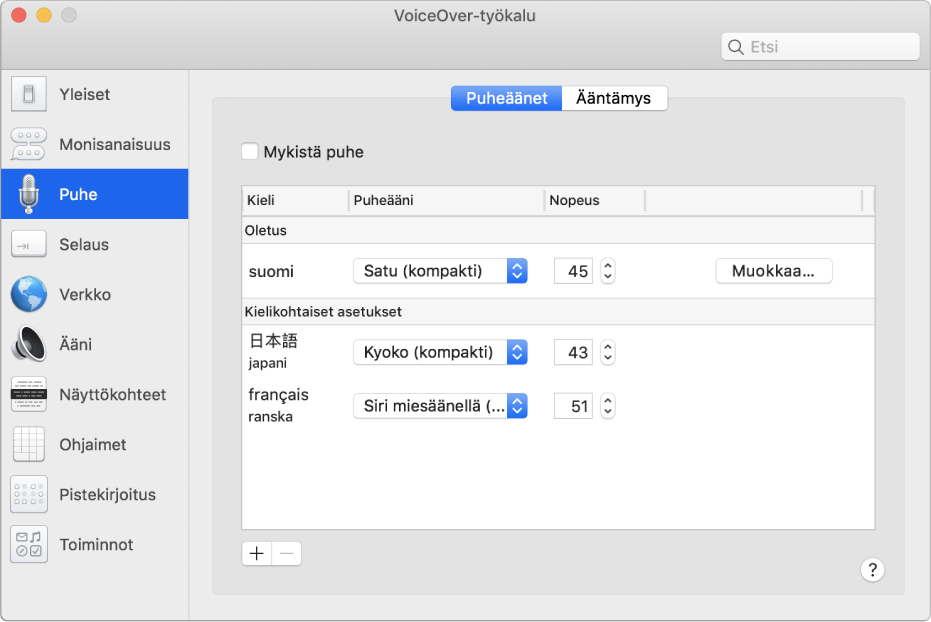VoiceOver-työkalun Puheäänet-osio, jossa on englannin, ranskan ja japanin puheääniasetukset.