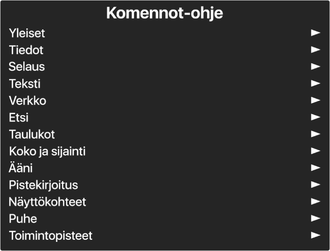 Komennot-ohjevalikko on paneeli, jossa on luetteloituna komentokategoriat, alkaen Yleiset-kategoriasta ja päättyen Toimintopisteet-kategoriaan. Kunkin luettelokohteen oikealla puolella on nuoli, jolla pääset kohteen alivalikkoon.