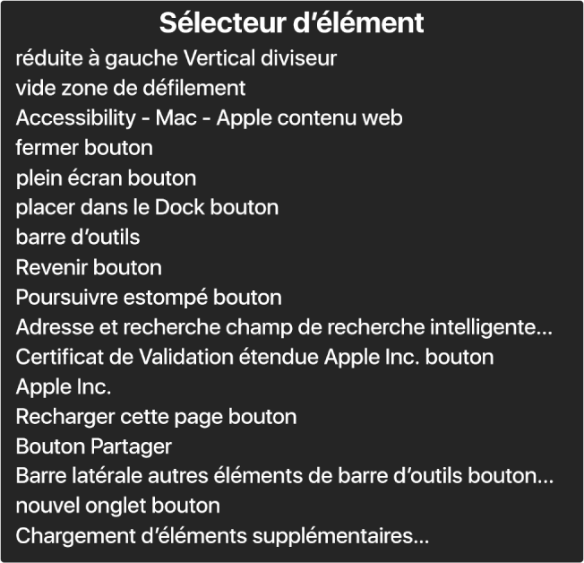 Le sélecteur d’élément est une sous-fenêtre qui répertorie des éléments, notamment une zone de défilement vide, un bouton de fermeture, une barre d’outils et le bouton Partager.