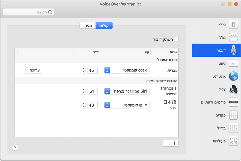 החלונית ״קולות״ של ״כלי העזר של VoiceOver״ מציגה הגדרות קול עבור השפות האנגלית, הצרפתית והיפנית.