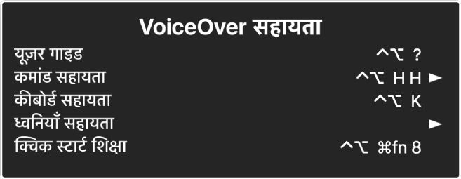 VoiceOver सहायता मेनू जिसमें, ऊपर से नीचे ये शामिल होते हैं : ऑनलाइन सहायता, कमांड सहायता, कीबोर्ड सहायता, ध्वनि सहायता, त्वरित शुरुआत शिक्षण और प्रारंभ मार्गदर्शक। प्रत्येक आइटम के दाईं ओर VoiceOver कमांड होता है जो सबमेनू ऐक्सेस करने के लिए आइटम या तीर दिखाता है।