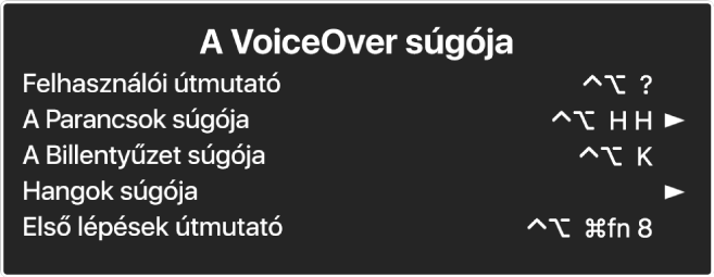 A VoiceOver Súgó menüje egy panel, fentről lefelé a következők láthatók: Online súgó, Parancsok súgó, Billentyűzet súgó, Hang súgó, Első lépések oktatóanyag és Kezdeti lépések útmutató. Minden elem jobb oldalán megtalálható a megjelenítéséhez szükséges VoiceOver-parancs vagy egy nyíl az almenü eléréséhez.