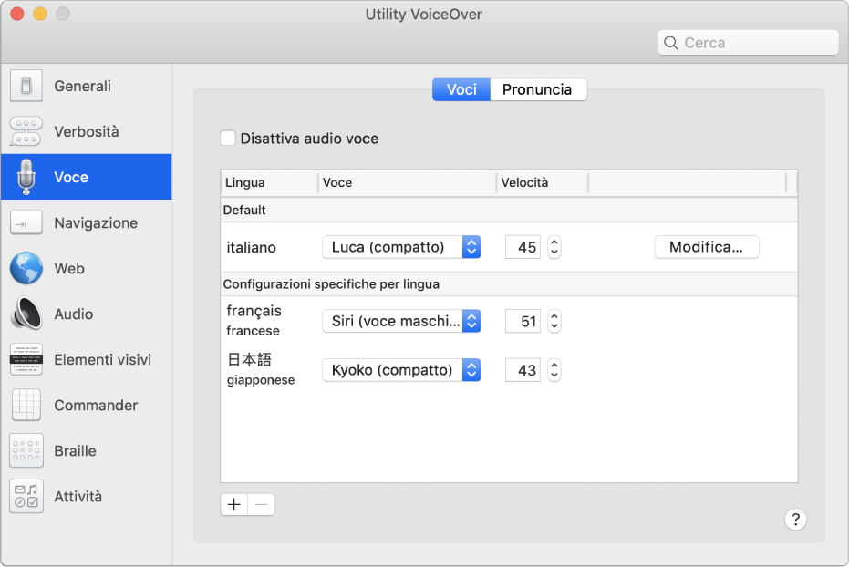 Il pannello Voci di Utility VoiceOver, che mostra le impostazioni della voce per inglese, francese e giapponese.