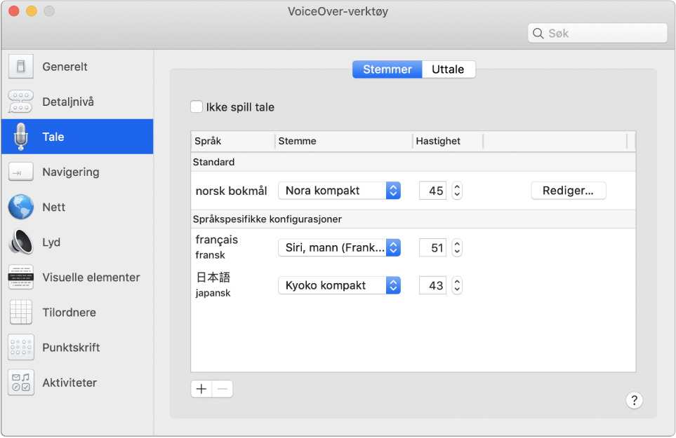 Stemmer-panelet i VoiceOver-verktøy som viser stemmeinnstillinger for engelsk, fransk og japansk.