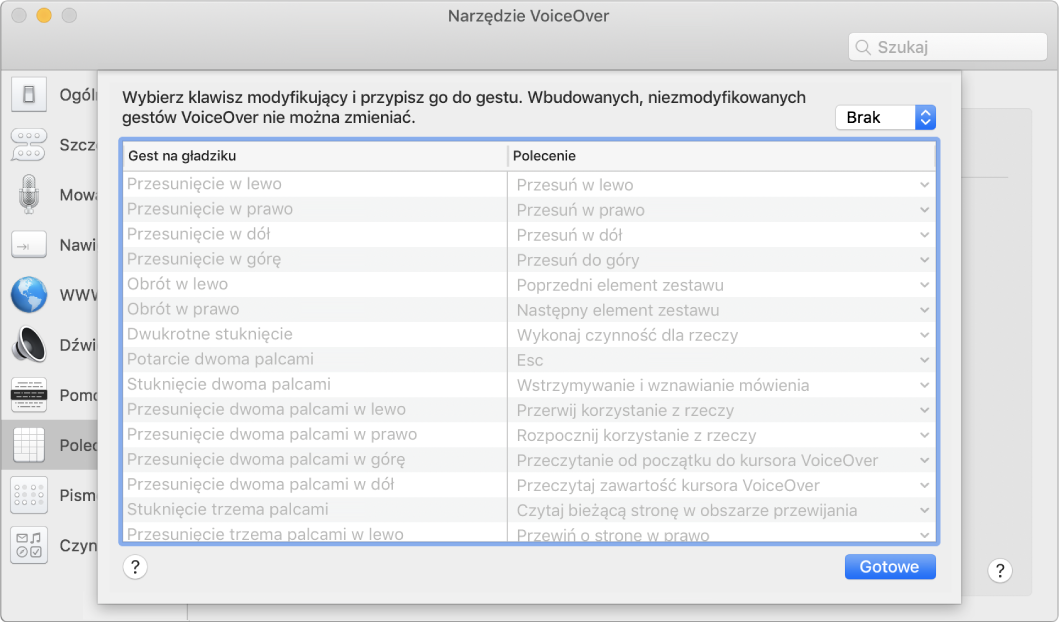 Lista gestów VoiceOver oraz przypisanych do nich poleceń, wyświetlana w panelu obsługi gładzikiem w oknie Narzędzia VoiceOver.