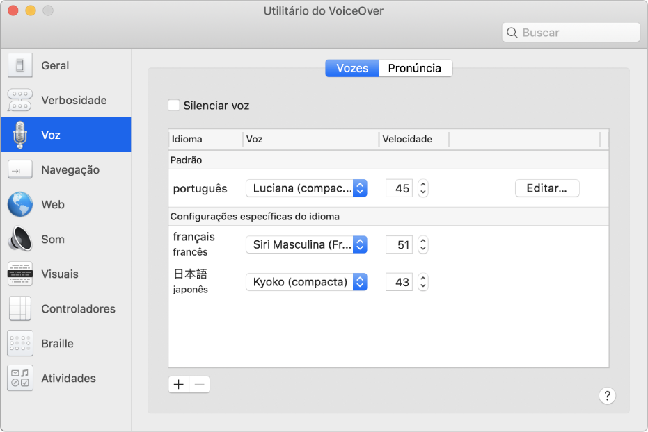 O painel Vozes do Utilitário do VoiceOver mostrando ajustes de voz para os idiomas inglês, francês e japonês.