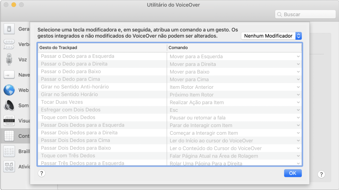 Lista de gestos e comandos correspondentes do VoiceOver mostrados no Comando do Trackpad no Utilitário do VoiceOver.