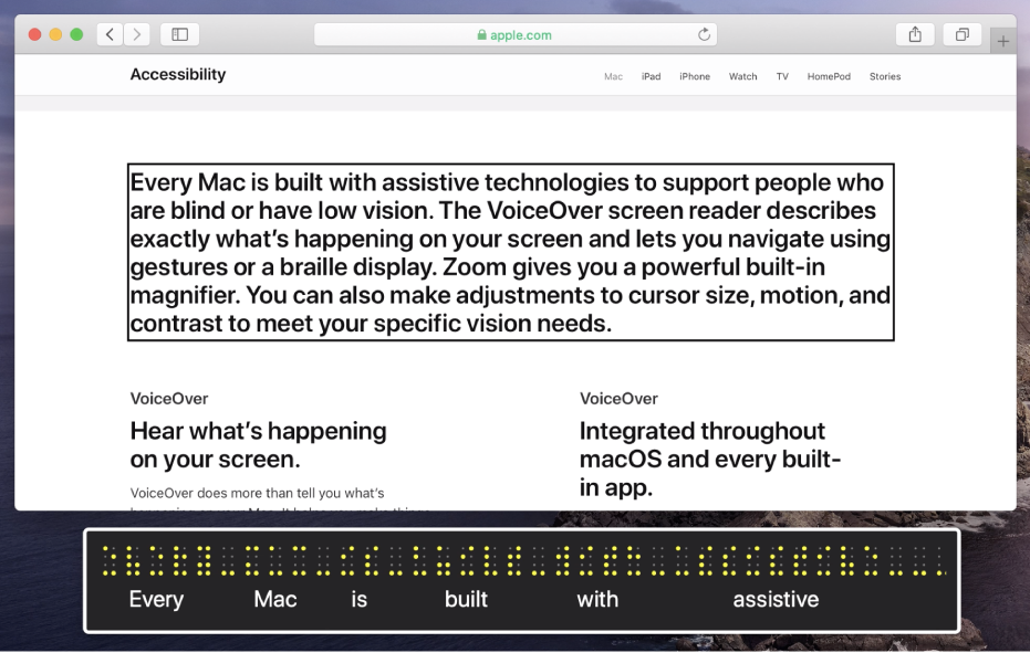 O painel de braille mostrando o que está no cursor do VoiceOver em uma página web. Um painel de braille mostra pontos amarelos em braille, com o texto correspondente abaixo dos pontos.