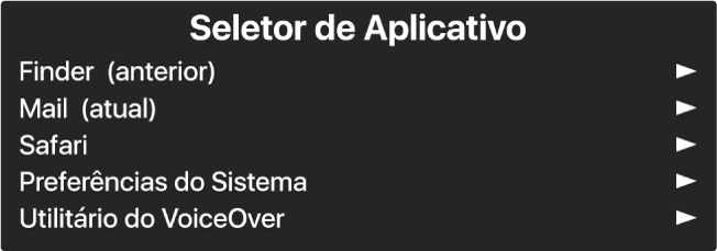 O Seletor de Aplicativo é um painel que mostra os aplicativos abertos no momento. Há uma seta à direita de cada item na lista.