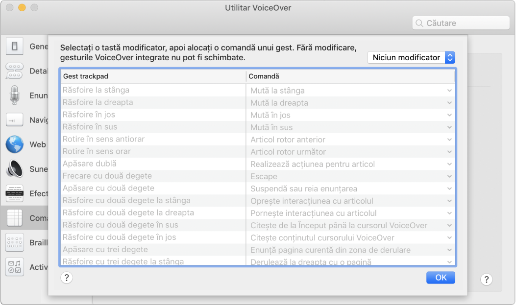 O listă a gesturilor și comenzilor VoiceOver afișată în Comandant trackpad, în Utilitar VoiceOver.