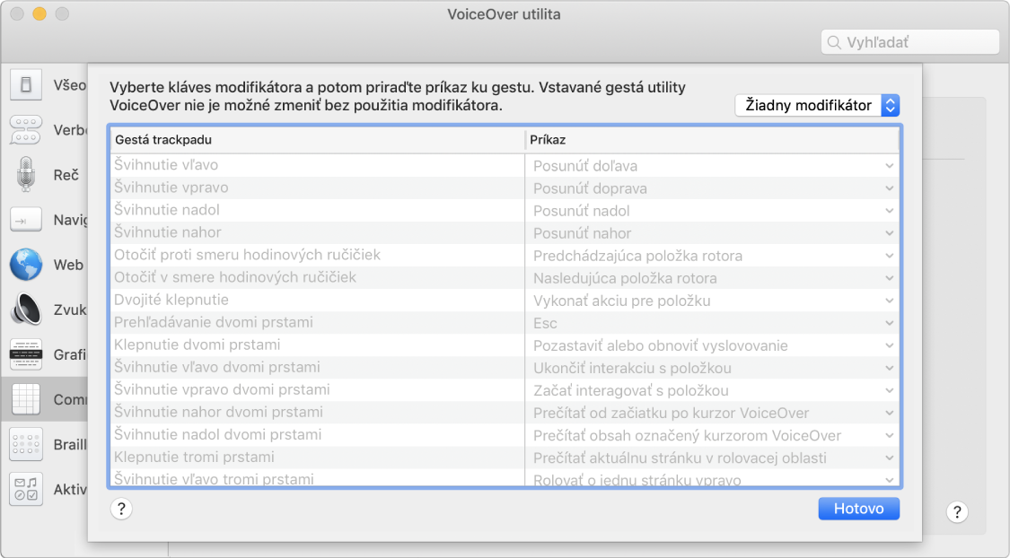 Zoznam gest utility VoiceOver a zodpovedajúce príkazy zobrazené v aplikácii Trackpad Commander v utilite VoiceOver.