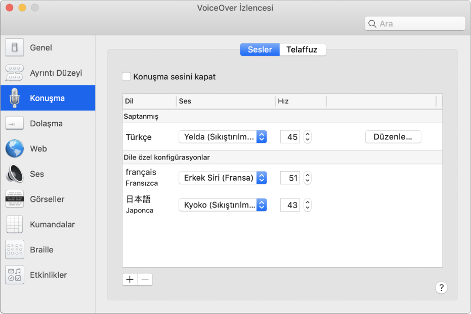 VoiceOver İzlencesi’nin; İngilizce, Fransızca ve Japonca dilleri için ses ayarlarını gösteren Sesler bölümü.