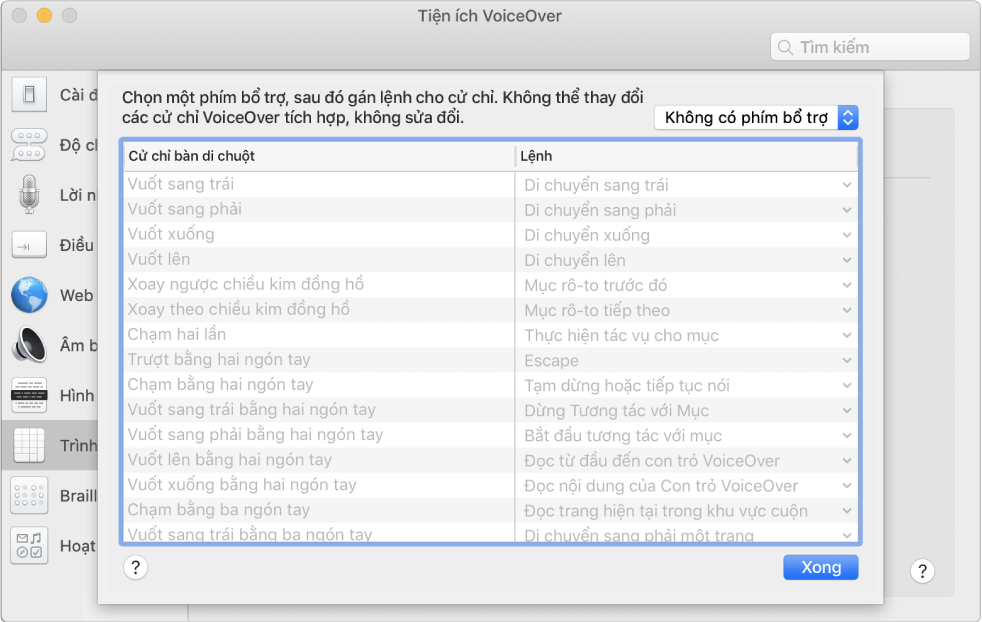 Danh sách các cử chỉ VoiceOver và các lệnh tương ứng được hiển thị trong Trình điều khiển bàn di chuột trong Tiện ích VoiceOver.
