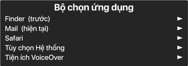 Bộ chọn ứng dụng là một bảng hiển thị các ứng dụng hiện đang được mở. Ở bên phải của từng mục trong danh sách là một mũi tên.