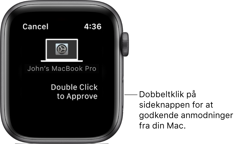 Apple Watch viser en anmodning om godkendelse fra en MacBook Pro.