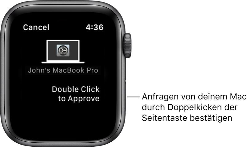 Die Apple Watch zeigt eine Bestätigungsanfrage von einem MacBook Pro an.
