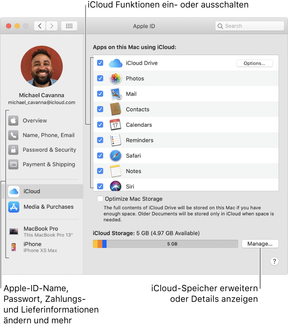 Systemeinstellung „iCloud“, bei der alle Funktionen aktiviert sind