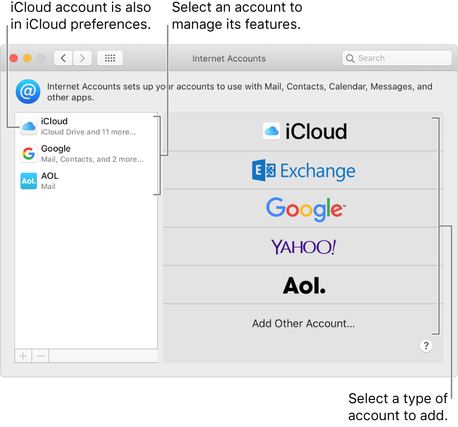 Internet Accounts preferences with accounts listed on the right and available account types listed on the left.